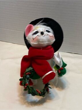 Annalee White Mouse Figurine with Red Scarf and Black Hat
